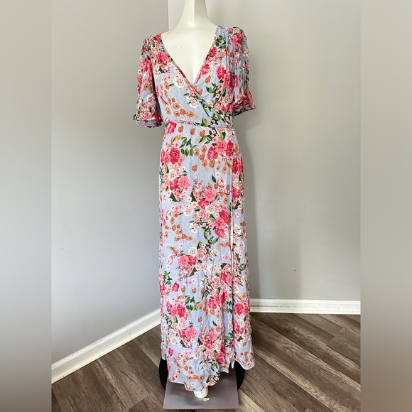 BYTIMO Summer Of Love Floral Long Wrap dress in Blue Dream XS $425 - Picture 3 of 9